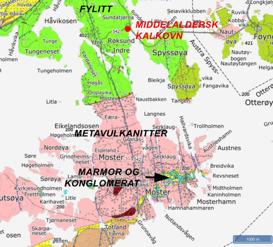 Geologien i regionen og lokalisering av kalkmila ved Gassasundet. Berggrunnskart, ngu.no