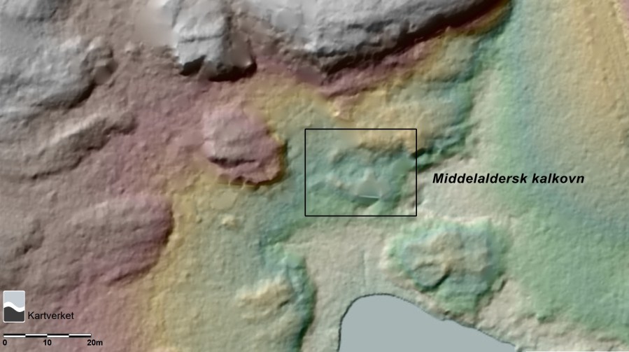 Høydemodell som så vidt viser utstrekningen på kalkmila ved Gassasundet. Lidata-data, hoydedata.no