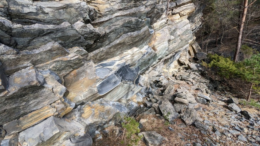 Skarholmen: Bruddkant som viser den blålige fargen på marmoren. Men her er også gråhvit marmor. Foto: Per Storemyr 2023