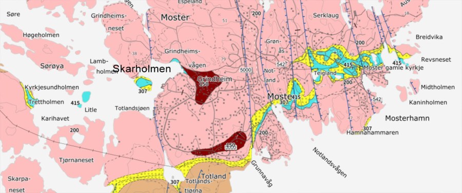 Geologisk kart som viser Skarholmens beliggenhet på Moster/Bømlo. Marmordrag er merket med blått. Berggrunnskart, ngu.no