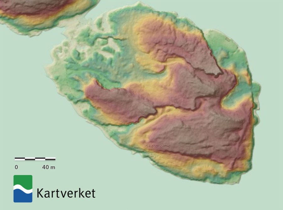 Skarholmen: Høydemodell som viser hvor gjennomskåret holmen er av steinbrytning. Lidardata (hoydedata.no)
