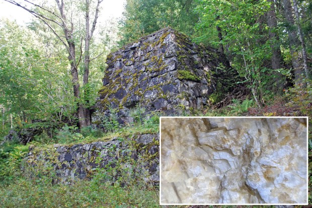 I den gamle kalkovnen på Bjorvatn ved Øynaheia ble det brent svært grovkornet marmor, som det lille bildet viser