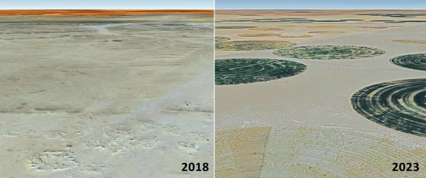 Khufu Stele Quarry, a part of Chephren’s Quarry, was destroyed by agricultural developments between 2021 and 2023. Images from Google Earth. Scale in the foreground about 500 m.