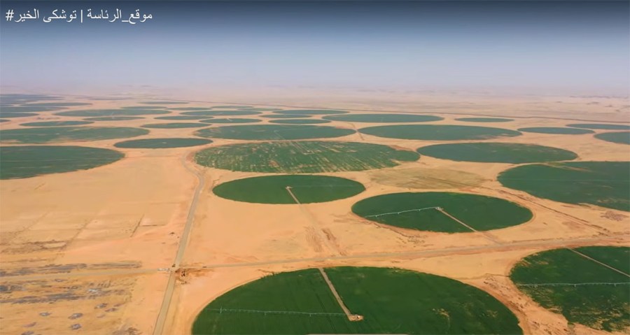 Aerial view of part of the land reclamation in the Toshka project, giving an impression of the layout. Screenshot from Egyptian promotion video. Source: https://www.youtube.com/watch?v=4C0u1h4DCTE