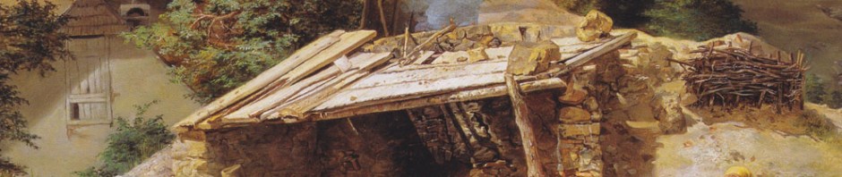 Figur 1: Den vanligste formen for tradisjonelle, vedfyrte kalkovner i Europa: En steinbygd, sylindrisk ovn med buet fyråpning, delvis gravd inn i en bakke for å holde godt på varmen og for å lette tilgangen til ovnstoppen. Ovnstypen er beregnet på periodisk brenning, dvs. nedkjøling og uttak av brent kalk før ny fylling og brenning. Her fra Hinterbrühl i Østerrike. Maleri av Ferdinand Georg Waldmüller 1845. Kilde: Wikimedia Commons (public domain).