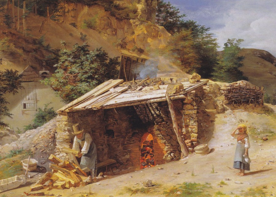 Figur 1: Den vanligste formen for tradisjonelle, vedfyrte kalkovner i Europa: En steinbygd, sylindrisk ovn med buet fyråpning, delvis gravd inn i en bakke for å holde godt på varmen og for å lette tilgangen til ovnstoppen. Ovnstypen er beregnet på periodisk brenning, dvs. nedkjøling og uttak av brent kalk før ny fylling og brenning. Her fra Hinterbrühl i Østerrike. Maleri av Ferdinand Georg Waldmüller 1845. Kilde: Wikimedia Commons (public domain).