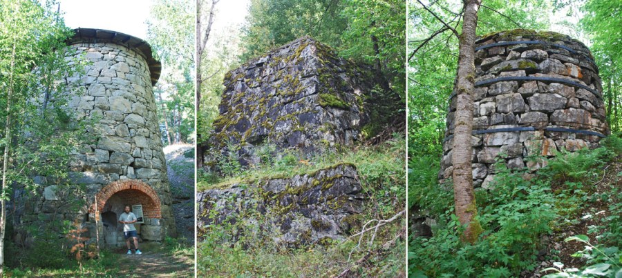 Figur 3: Typiske steinbygde sjaktovner fra overgangen mellom tradisjonell brenning og industri i perioden mellom andre halvdel av 1800-tallet og til litt innpå 1900-tallet. I disse ovnene kunne en ofte brenne både kontinuerlig og periodisk – og enten med steinkull eller ved. Fra venstre: Bergevika (Helgøya i Mjøsa), Bjorvatn (Froland, Agder) og Hovden (Sunnmøre). Foto: Per Storemyr.