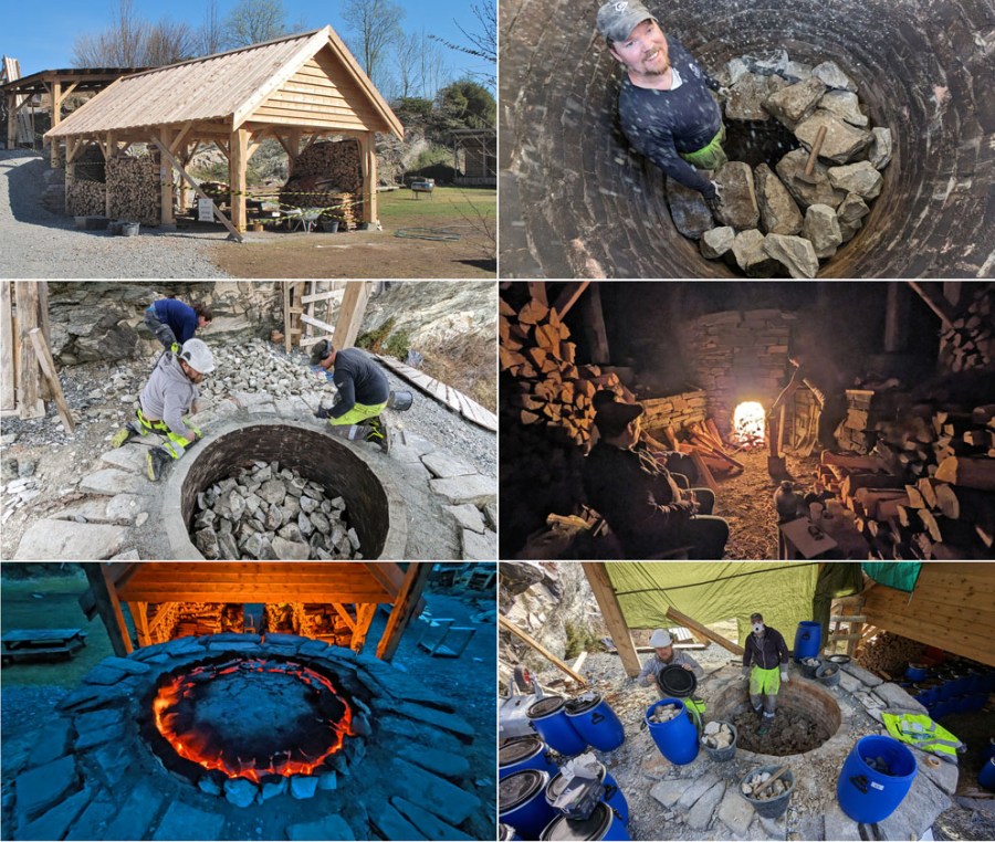 Figur 6: Det nye, tradisjonelle kalkovnsanlegget bygd i 2022 i Mosterhamn på Bømlo, som kurs støttet av Fortidsminneforeningen. Oppe fra venstre: 1) Steinbygd, ca. 8 tonns ovn i bakkant og vedhus/arbeidshus i forkant. 2) Bent Morten Steinsland bygger enkelt hvelv av marmorblokker før brenning. Hvelvet definerer fyrkammeret og er den mest sårbare delen av ovnen, da det utsettes for intens varme og kan kollapse ved feil i byggingen. 3) Fylling med marmorstykket over hvelvet. 4) Brenntiden er drøyt 3 døgn. 5) Glød i ovnen under lokk av leiremørtel for å holde på varmen. Åpning rundt periferien sikrer trekk. 6) Uttak, kvalitetssikring, sortering og pakking av den brente kalken. Foto: Per Storemyr