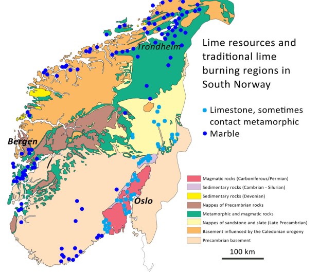 Lime resources in South Norway. Clusters of resources define traditional lime burning districts. Geology from The Geological Survey of Norway, adapted by Per Storemyr