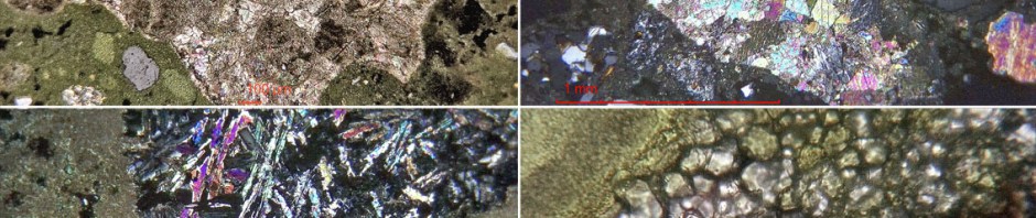 Norwegian medieval lime mortars under the microscope: Top left: Underburnt limestone fragment. Top right: Underburnt contact metamorphic limestone fragment. Bottom left: Slag from burning impure limestone at high temperature. Bottom right: Unhydrated belite from burning impure limestone at moderate-high temperature. Microhotos by Per Storemyr