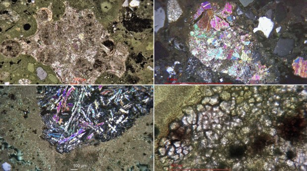 Norwegian medieval lime mortars under the microscope: Top left: Underburnt limestone fragment. Top right: Underburnt contact metamorphic limestone fragment. Bottom left: Slag from burning impure limestone at high temperature. Bottom right: Unhydrated belite from burning impure limestone at moderate-high temperature. Microhotos by Per Storemyr 