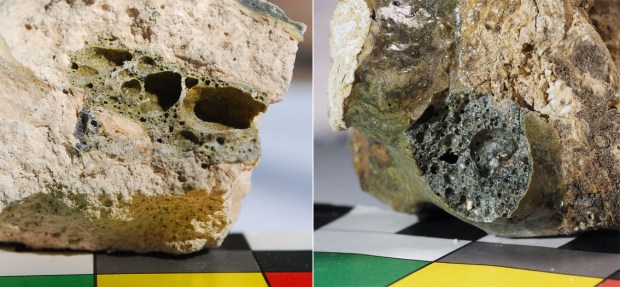 Slag in lime lumps burnt at high temperatures. Left: mortar from the 12th C Hedrum church, SE Norway. Right: impure, fossil-rich, Silurian limestone burn in our small kiln at the south coast in 2023. Photos by Per Storemyr