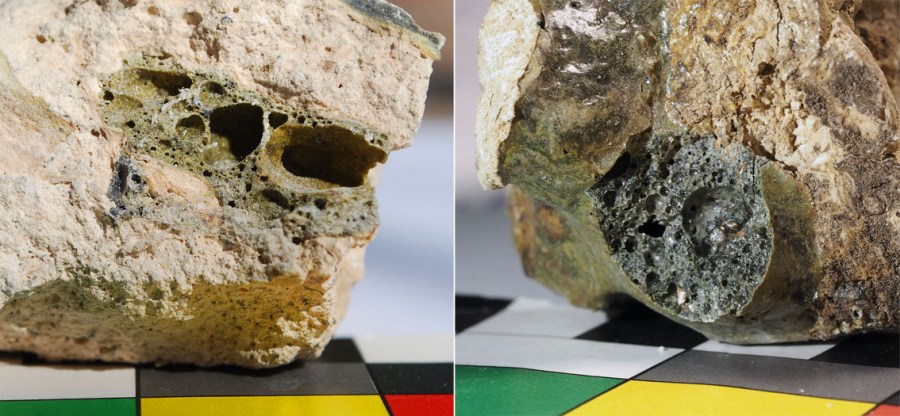 Slag in lime lumps burnt at high temperatures. Left: mortar from the 12th C Hedrum church, SE Norway. Right: impure, fossil-rich, Silurian limestone burn in our small kiln at the south coast in 2023. Photos by Per Storemyr