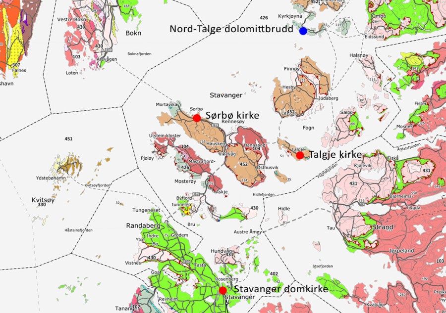 Berggrunnskart fra NGU over Baknafjordområdet, med angivelse av det dolomittiske marmorbruddet på Nord-Talgje og kirker som trolig har fått sin kalk herfra på 1100-tallet.