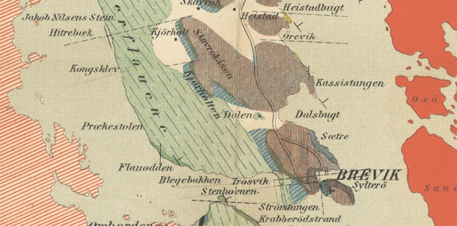 Utsnitt av Brøggers geologiske kart over Grenland fra 1884, Vi ser Brevik-Trosvik-Dalen-Kjørholt-området. Steinvikformasjonen i blått.