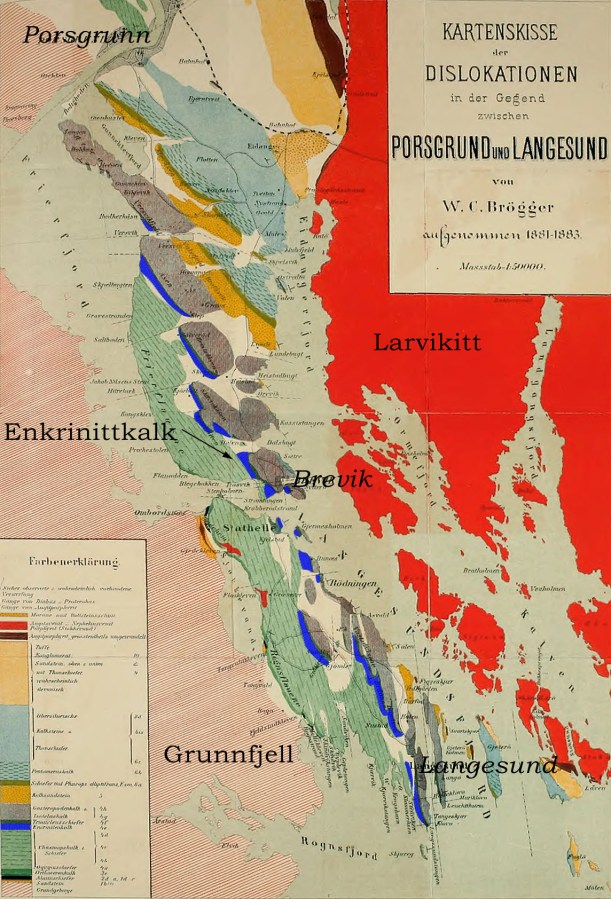 Brøggers geologiske kart over Grenland fra 1884. Enkrinittkalken eller Steinvikformasjonen er uthevet med blått.