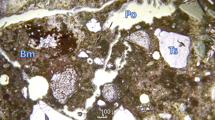 Hedrum kirke. Mikrobilde av den harde, middelalderske kalkmørtelen på skipet. Bindemidelet (Bm) er mørk og hydraulisk. Det er mange riss med utgangspunkt i porene (Po). Sandtilslaget (Ts) er preget av feltspat som er sterkt etset i kantene og bidrar til mørtelens høye styrke. Planpolarisert lys. Foto: Per Storemyr