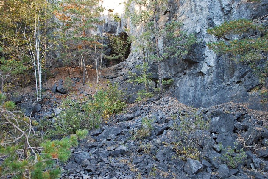 Del av de gamle dagbruddene på Kjørholt. Her er kalksteinen bare delvis kontaktmetamorfosert og fossiler er synlige.