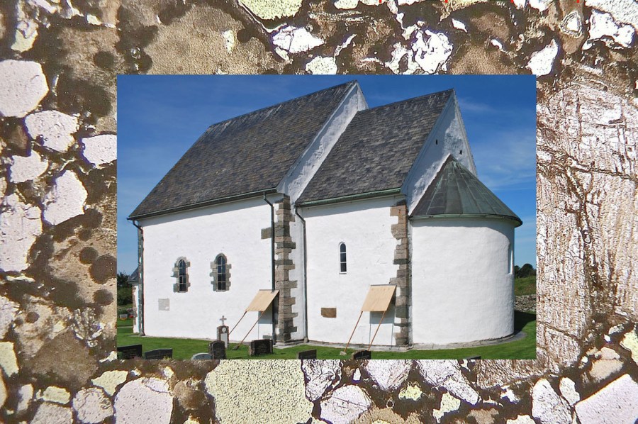 Talgje kirke i Rogaland. Med mikroskopbilde av mørtelen som ble brukt i middelalderen. Foto: Per Storemyr