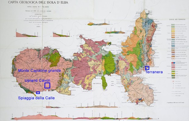 An early geological map of Elba (1885) with locations studied in this article marked. The map can be viewed at https://www.mindat.org/photo-477733.html
