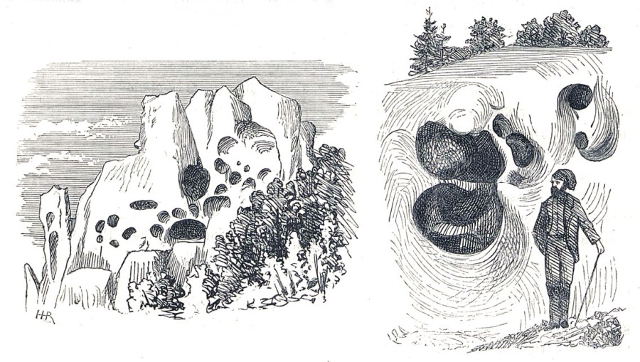 Tafoni in granite on Corsica, drawn by the Norwegian geologist Hans H. Reusch on a travel i 1876. From Reusch 1879