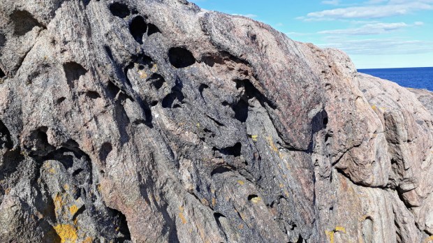 Small-scale tafoni in Proterozoic banded gneiss on Tromøy, S-Norway. Compare with tafoni in schist on Spiaggia di Terranera. Photo by Per Storemyr