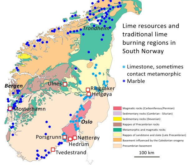 Geological map of South Norway with lime resources marked. These are indicative of traditional lime burning regions. Places mentioned in this article are marked with squares. Map and lime resources based on data from the Geological Survey of Norway.