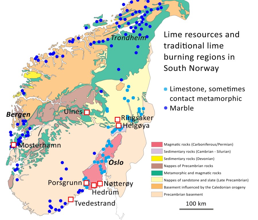 Geological map of South Norway with lime resources marked. These are indicative of traditional lime burning regions. Places mentioned in this article are marked with squares. Map and lime resources based on data from the Geological Survey of Norway.