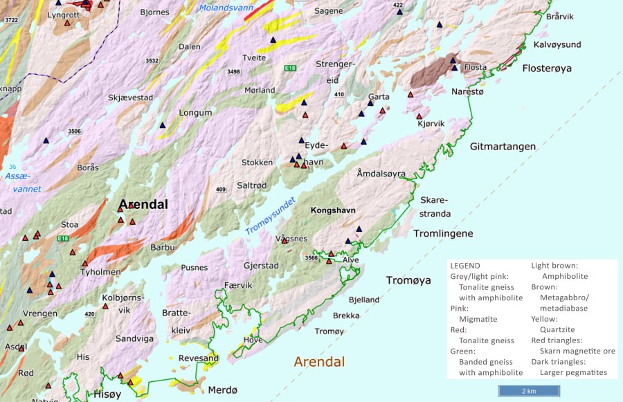 Geologisk kart over arendalsområdet. Bearbeidet fra NGUs berggrunnskart. Grønn linje markerer grensen til Raet nasjonalpark