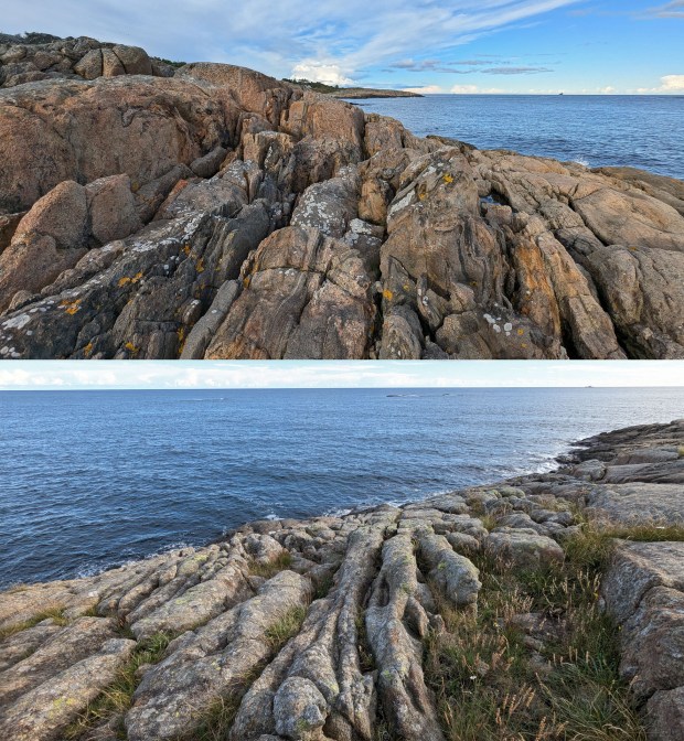 Over: Intenst oppsprukker berg nær fjæresonen på yttersida av Tromøya. Under: Høyere oppe, der lav tar over, blir de skarpe kantene i sprekkesonene rundet av og forvitringen får et preg av pseudokarren. Foto: PS