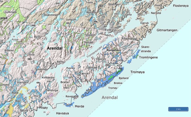 Kart over løsmasser omkring Arendal. Raet ses med blått, der det nå fremstår som strandavsetninger. Andre havavsetninger i lysere blått, tynt morenemateriale i grønt. Fra ngu.no