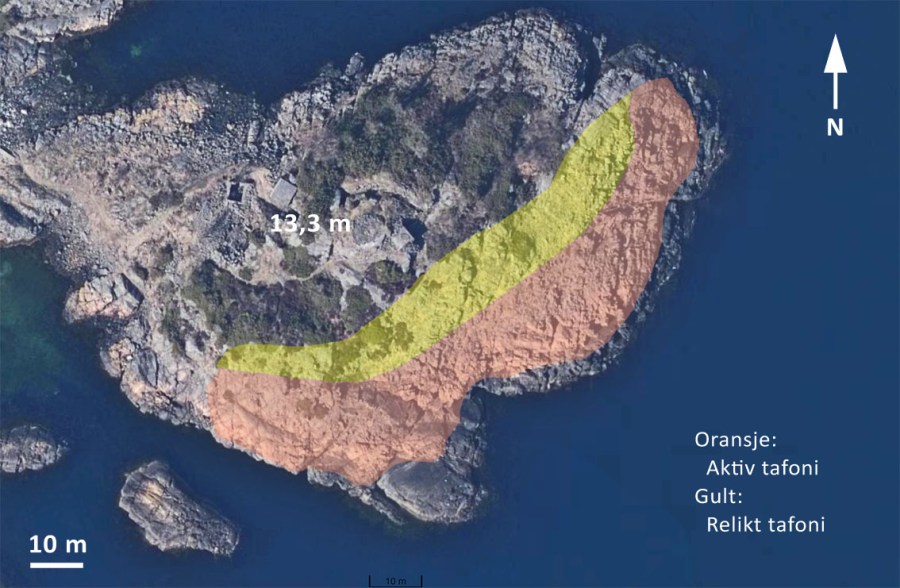 Fordeling av tafoni på Nautholmen. Bakgrunn: flyfoto, norgeibilder.no