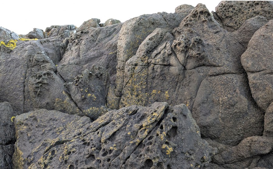 Honeycomb-lignende tafoni bidrar til avrunding av bergformasjonene på Nautholmen. Foto: PS