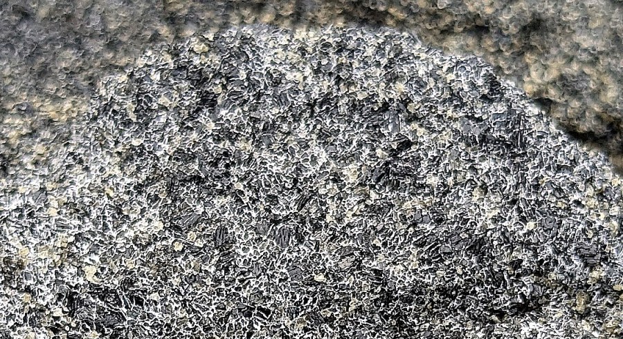 Salt (halitt) i halvåpne korngrenser i amfibolitt, Spornes. Bildebredde ca. 2 cm