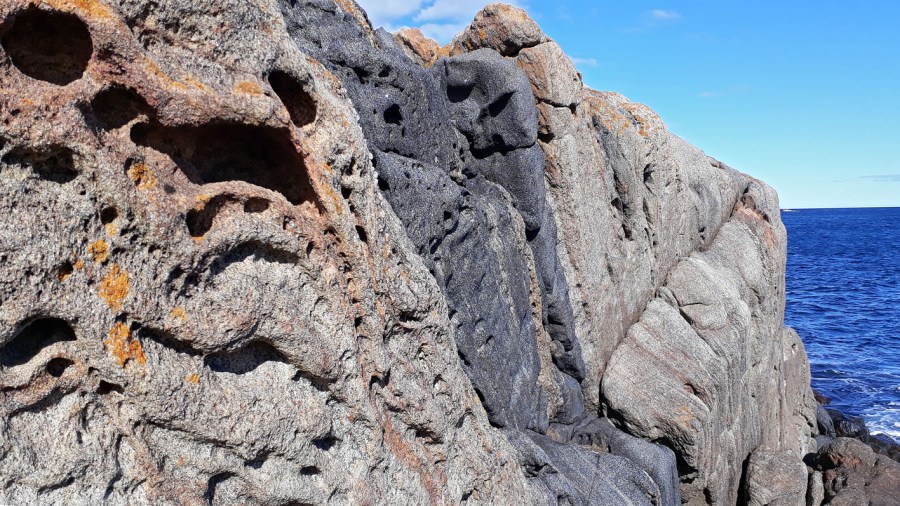 Ytterkysten Tromøya: Bisarre tafoniformer langs foldemønster. Foto: PS