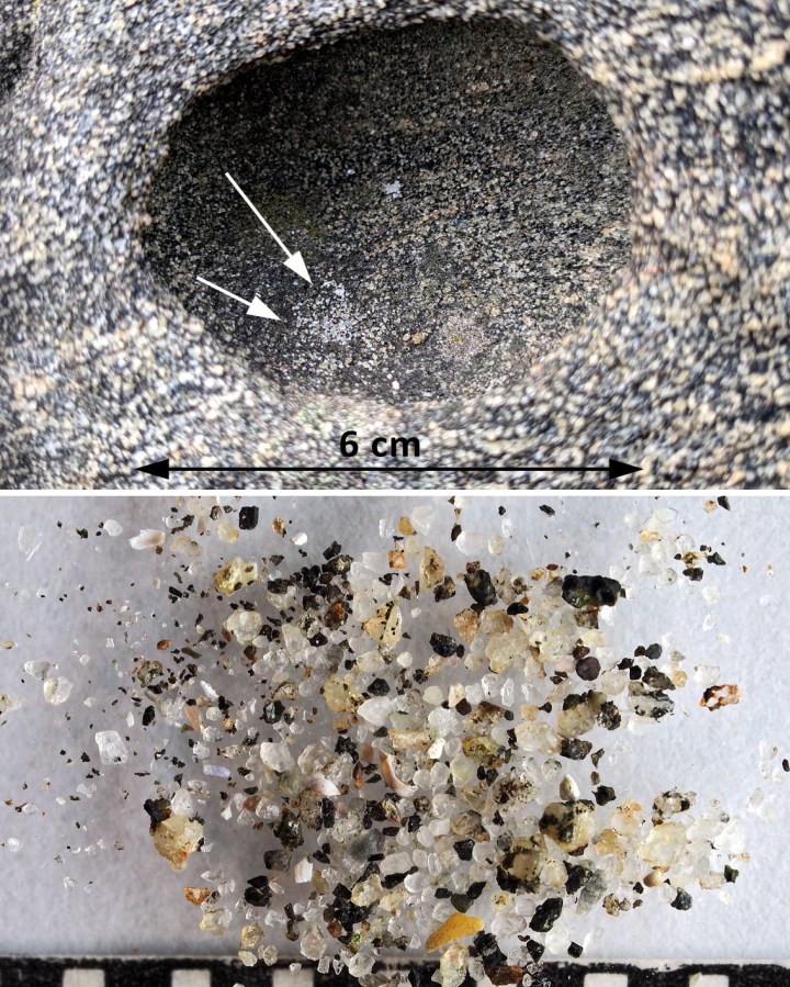 Materiale falt ned i tafone vinteren 2025 (Spornes, Tromøy). Piler antyder hvor materialet kommer fra. Makrofoto under viser hvordan "sanden" ser ut (mm-skala). Foto: PS