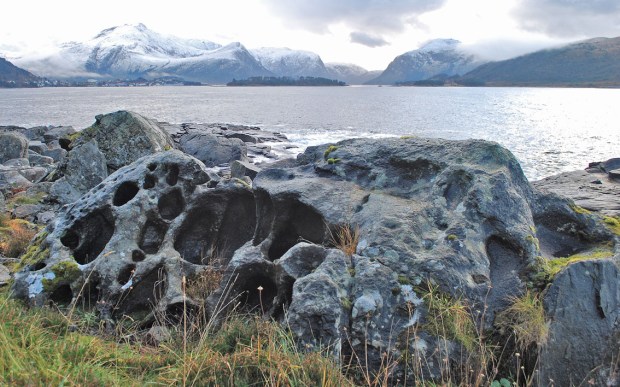 Tafoni i løsblokk på Skorbøstranda ved Selje, på sørsiden av Stadlandet.