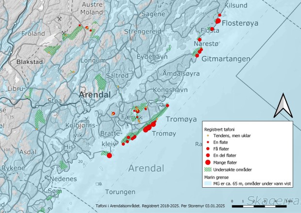 Kart over observerte tafoniforekomster og undersøkte områder. Områder under marin grense er gitt et blåskjær.