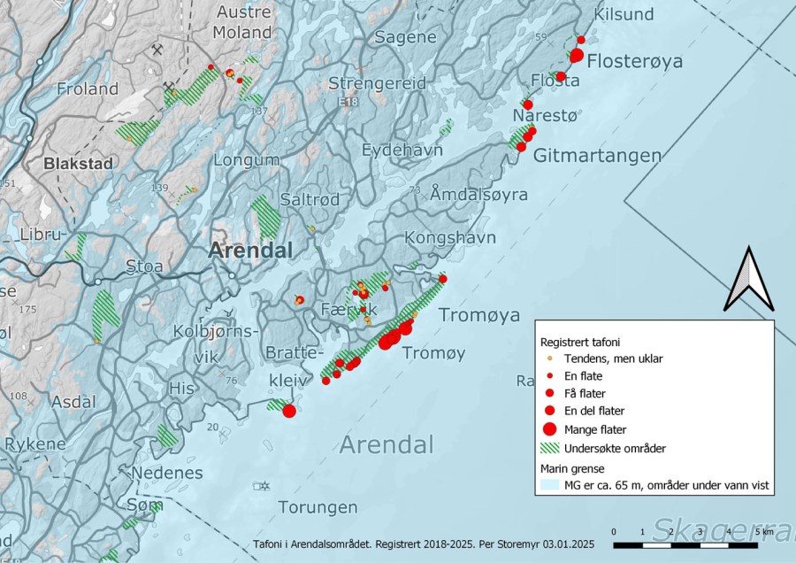 Kart over observerte tafoniforekomster og undersøkte områder. Områder under marin grense er gitt et blåskjær.