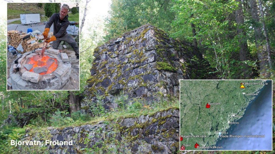 For ny kalkbrenning på Sørlandet ville vi prøve ut Frolandskalk - fra Bjorvatn på Øynaheia. Her er det en gammel kalkovn.