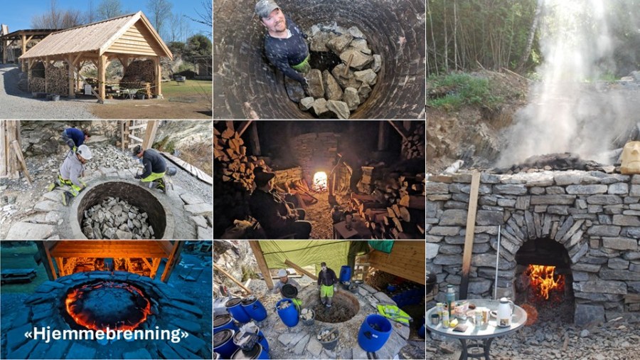 Tradisjonskalk for restaurering må vi ofte brenne selv. Her fra "nygamle" 10-tonns-ovner i Mosterhamn og på Helgøya ved Hamar.