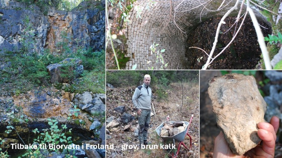 Tilbake til Bjorvatn på Øynaheia: Plukking av marmorbiter for brenning i Tvedestrand. Men marmoren er grov og brunlig...