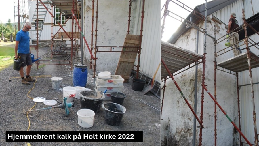 På Holt kirke i Tvedestrand er det også brukt tradisjonskalk - en kombinasjon av kalk fra Moster og Brevik.