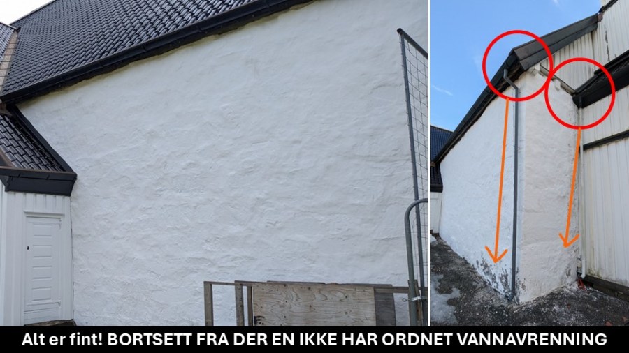 Kalken står bra - men bare der en ikke har problemer med stor vannavrenning fra taket. Det er ingen kalker som kan tåle problemer med vannavrenning og lekkasjer. Så det må fikses!