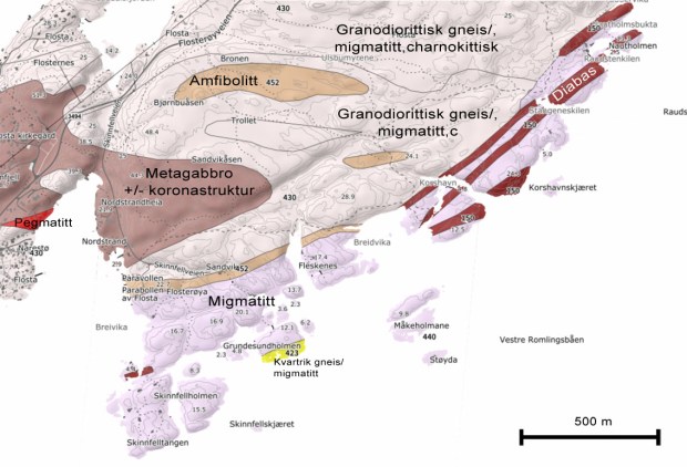 Geologisk kart over området på Flosta med registrert tafoni. Kilde: NGU