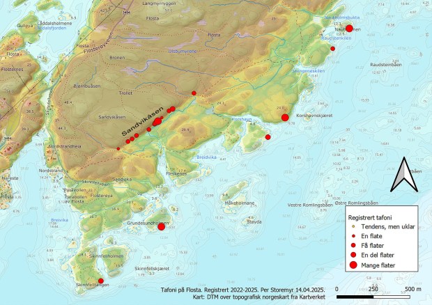 Kart over registrert tafoni på Flosta. Det er brattkanten kalt Sandvikåsen som i hovedsak er omtalt i artikkelen. Kart: PS