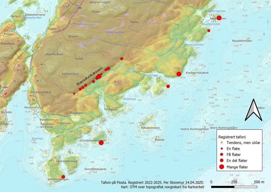 Kart over registrert tafoni på Flosta. Det er brattkanten kalt Sandvikåsen som i hovedsak er omtalt i artikkelen. Kart: PS