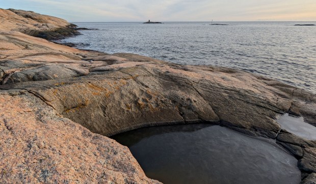 Jettegryte på Sildodden, med tafoni i de mørkere bergartsbåndene. Foto: PS