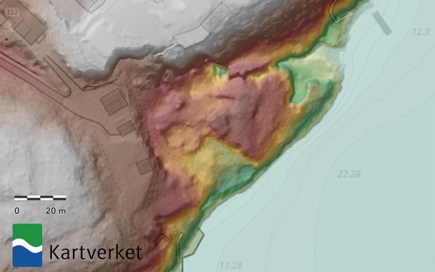 Gruveområdet ses godt på moderne Lidar-kart. Fra hoydedata.no