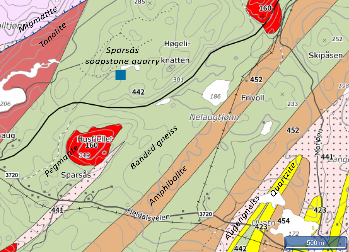 Local geology by the Sparsås quarry site. Map based on NGU's geological maps